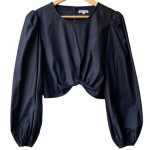 Reformation Derek Top Black crop top puff sleeve Twist Front Cotton Sz 12